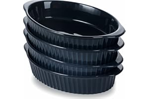 LEETOYI Porcelain Small Oval Au Gratin Pans,Set of 4 Baking Dish Set for 1 or 2 person servings, Bakeware with Double Handle for Kitchen and Home (Navy)