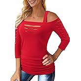 Bellelily Womens Sexy Tops Cut Out Cold Shoulder Half Sleeve Shirts Square Neck Hollow Out Ruched Concert Rock Tee Blouse