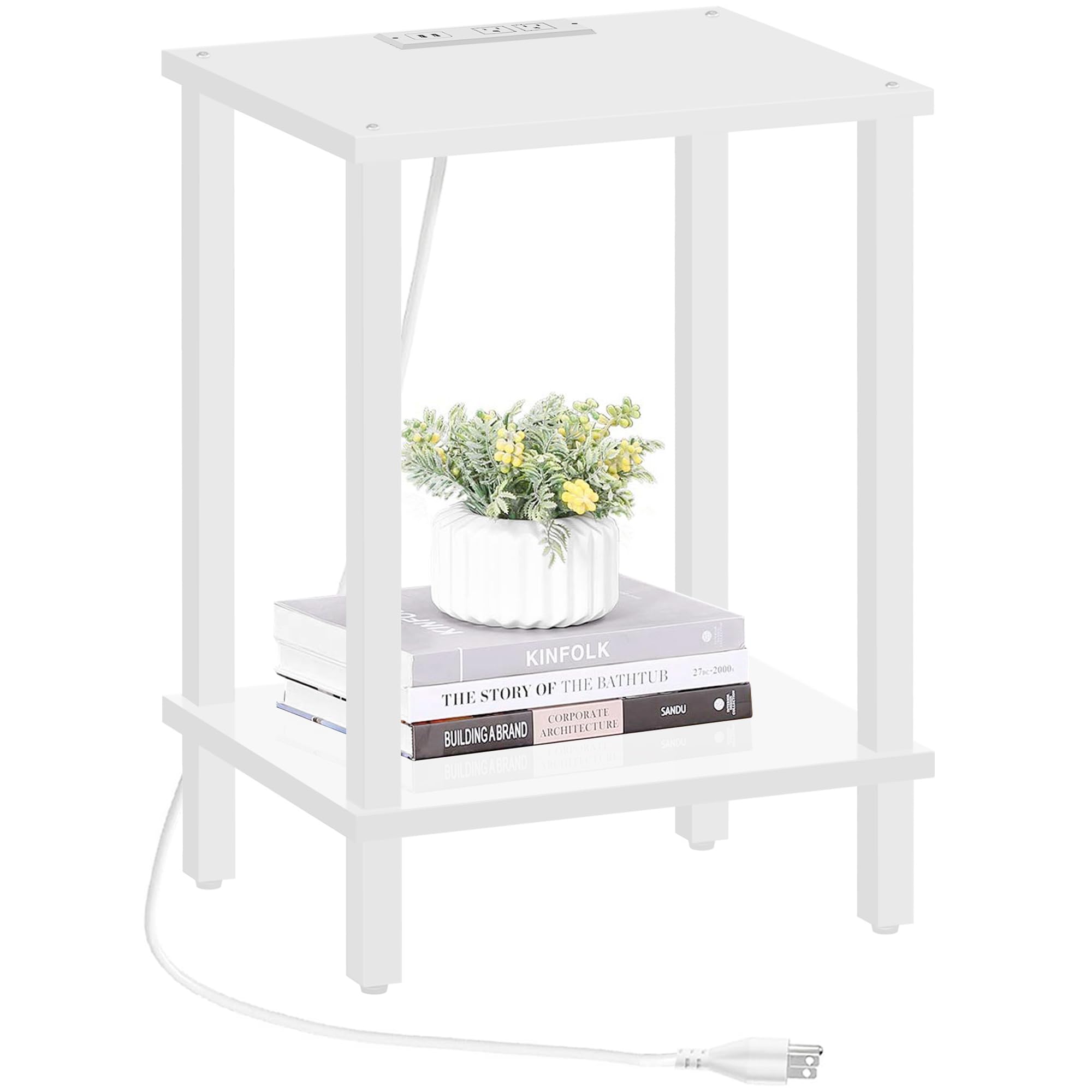 Photo 1 of TUTOTAK End Table with Charging Station, Small Side Table with Outlets, Nightstand Bedside Table, 2-Tier Storage Shelf for Small Space, Living Room, Bedroom, White TB01BW040