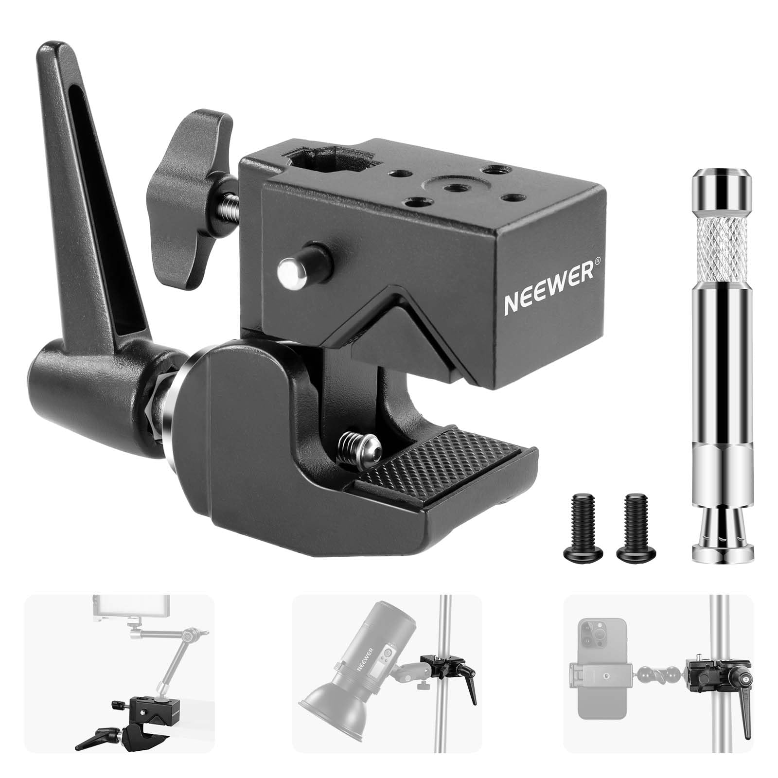 NEEWER Super Clamp with 5/8" Stud, Spring Lock, 2.4"/6cm Jaw Grip Heavy Duty Crab Pole Clamp for Round Pipe Flat Surface, for Photography Studio Camera & Lighting Mounting, Max Load 33lb/15kg, UA017 — image 1