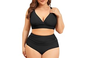 Passionate Adventure Plus Size Bikini Set High Waisted Tummy Control Two Piece Swimsuit for Women V Neck Ruched Bathing Suit