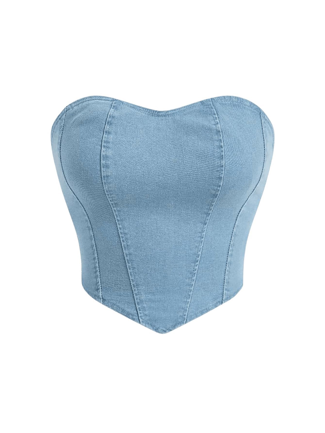 Photo 1 of Milumia Women's Denim Tube Top Zipper Back Hanky Strapless Bandeau Jean Crop Top Light Blue Large