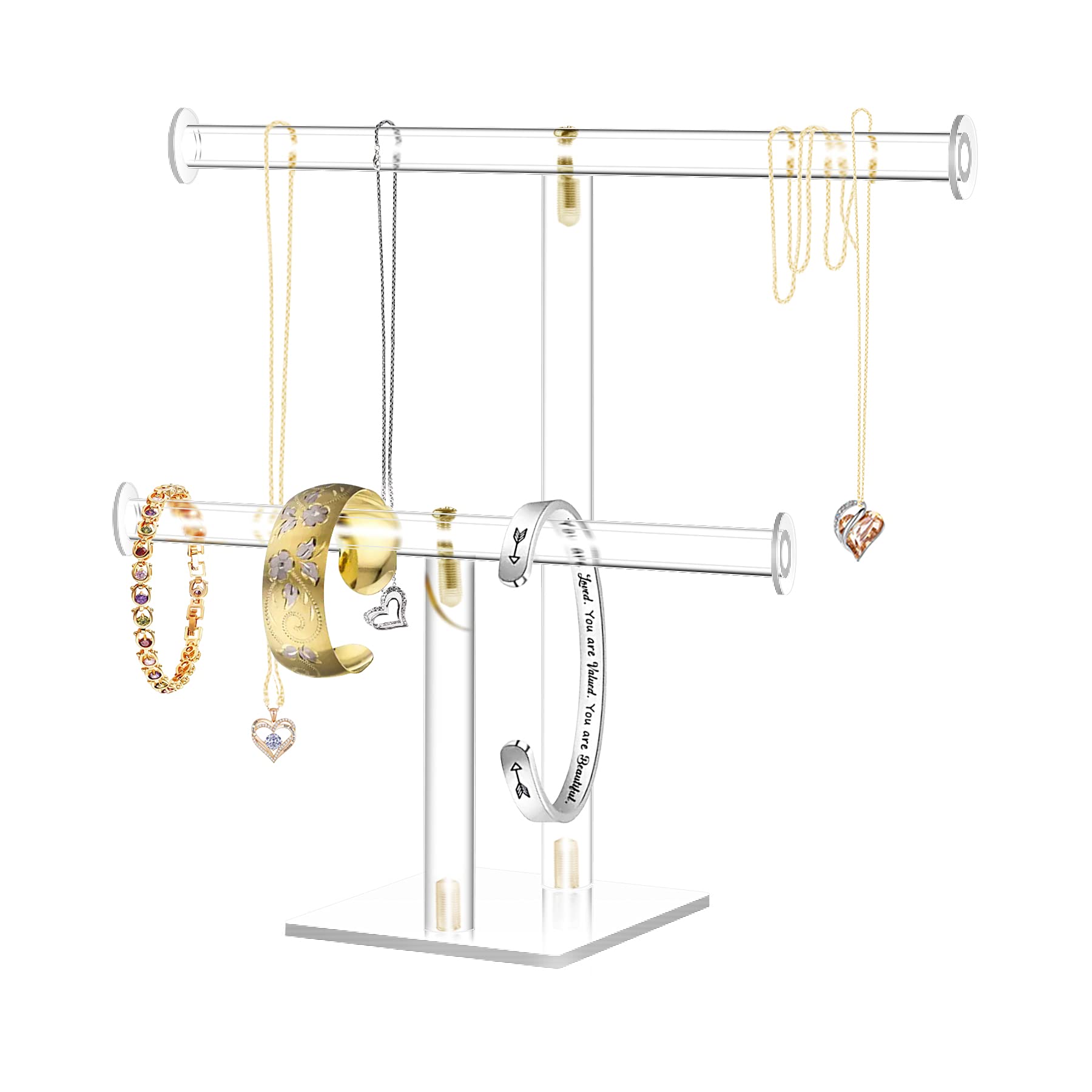 Photo 1 of TOOPILAT Acrylic Jewelry Display,Clear Acrylic Round Bracelet Display Holder Organizer Jewelry Holde Organizer Tree Stand, 2 Tier Jewelry Display Necklace Holder Stand (2-Bar)