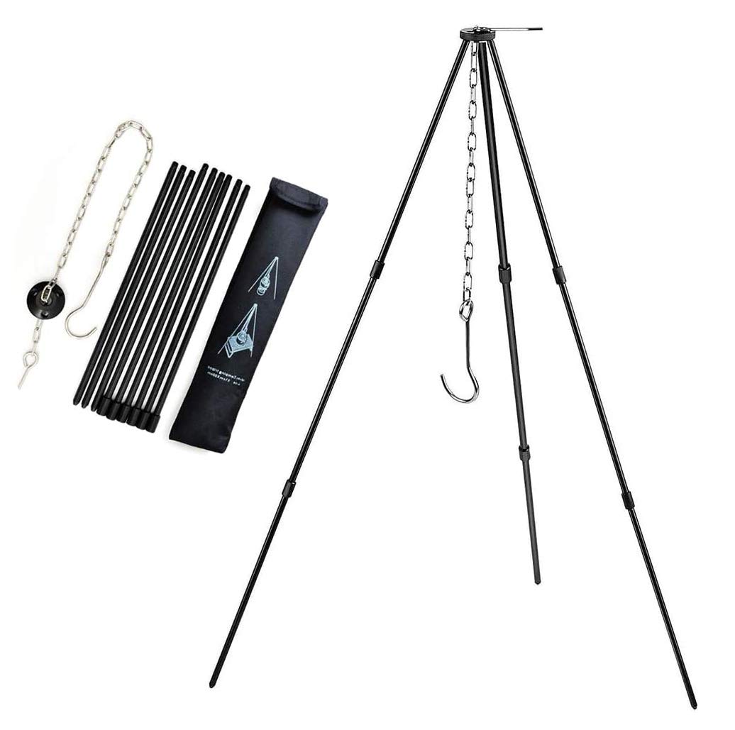 JasCherry Campfire Cooking Tripod, Adjustable Hanging Camping Tripod, for Cooking, Drying Clothes, Pot Roast, Grilling Outdoor Picnic Camping BBQ Hanger with Storage Bag
