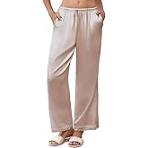 Ekouaer Womens Silk Satin Pajama Pants Casual Comfy Sleep Pants Pocketed Elastic Waist Wide Leg Pj Bottoms with Lace Trim