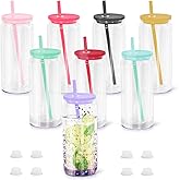 CHLJAR 8 Pack Acrylic Snow Globe Tumbler, 20oz Snowglobe Cups with Pre Drilled Hole, Double Wall Plastic Cups Blanks with Colorful Lid and Plastic Straw, Glitter Snow Globe Cup for DIY Gift
