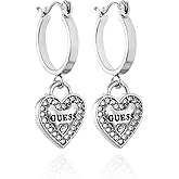 GUESS Silvertone Logo Heart Dangle Charm Hoop Earrings
