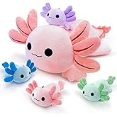 YUNCOL Axolotl Plush,Cute Axolotl Mommy Stuffed Animal with 4 Baby Axolotl Plushies in Tummy,Kawaii Axolotl Plush Toy Gift for Kids Girls Boys