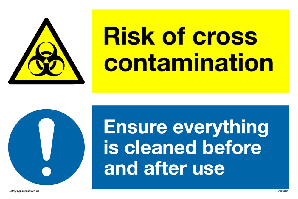 Pack of five - dual biohazard triangle and mandatory exclamation circle Sign - 150x100mm - A6L