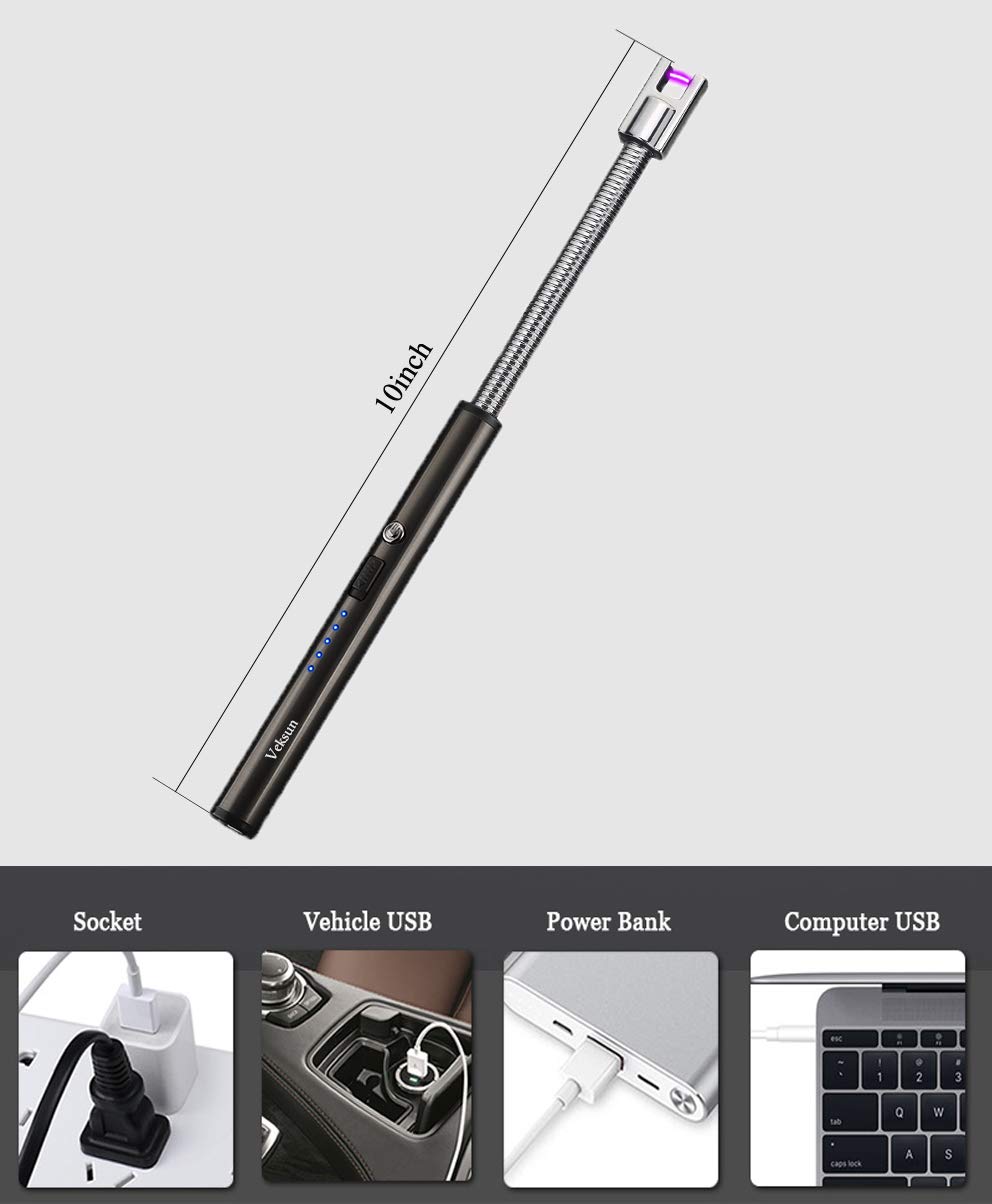 Candle Lighter, USB Lighter with LED Rechargeable Battery,Electric Lighter Long Flexible Neck for Candles,Camping,Cooking BBQs Fireworks（Black）