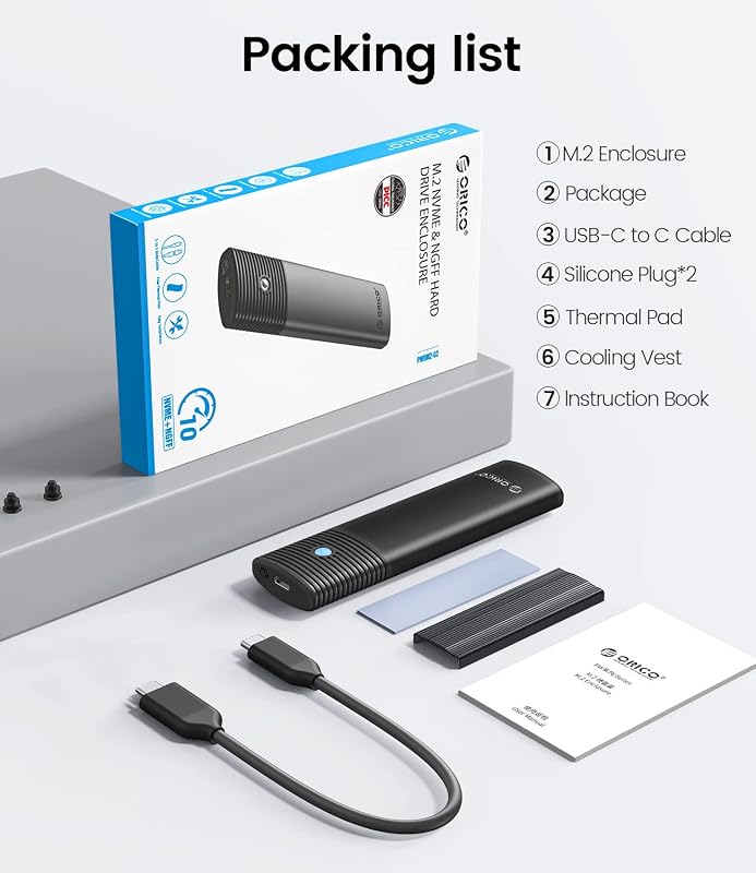 Boîtier SSD M2 NVMe SATA, Adaptateur SSD M2 USB C 3.2 Gen 2 10Gbps NVME PCIe, 5Gbps NGFF SATA M-Key(B+M Key) 2230/2242/2260/2280, Aluminum Externe Lecteur M.2 Disque Dur, Support UASP- PWDM2-BK