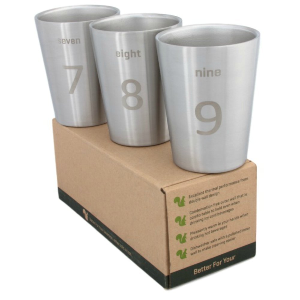 Better For Your - Small Stainless Steel Double Wall Tumbler Cups, 8oz (250ml) - Set of 3 - Numbers and Words 7-8-9