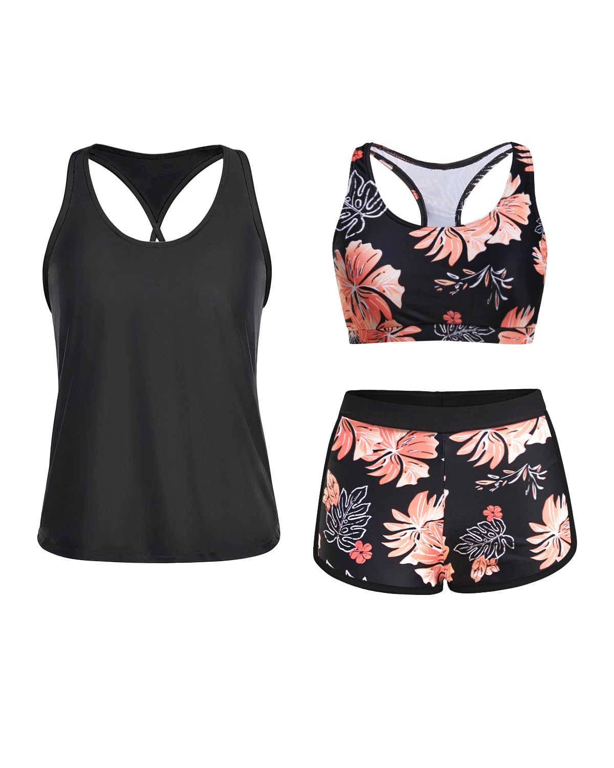 Pink Palm 3 Piece Tank Bathing Suits With Shorts And Racer back Sports main image 0