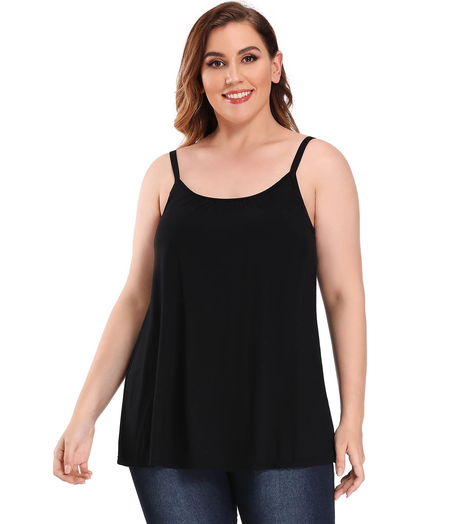 Photo 1 of (XXL) (USED/FAIR) CARCOS Plus Size Women's Cami with Built-in Bra, Adjustable Strap Pleated Cotton Tank Top (Black, XXL)