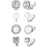 4 Pairs Cubic Zirconia Clip on Earrings for Women,Diamond Non Pierced Stud Earrings,Round Pearl Fake Earring for Dance Stage Opera Performance Wedding Party Jewelry