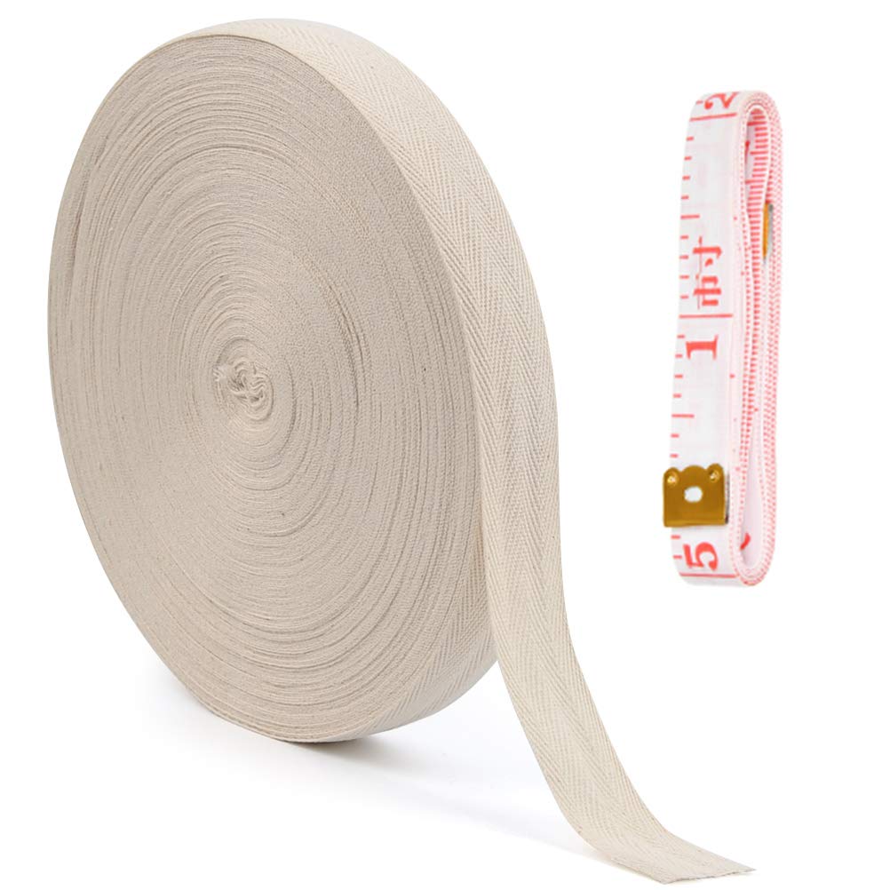 NA 50 Meters 25mm Cotton Bias Binding Tape with Tape Measure, Cotton Bunting Tape Herringbone Twill Webbing Tape for Sewing Dressmaking Alteration, Knitting Apron, Garment