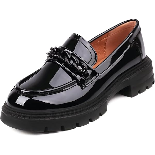 Amazon.com | Women's Fashion Black Loafers,Patent Leather Thick