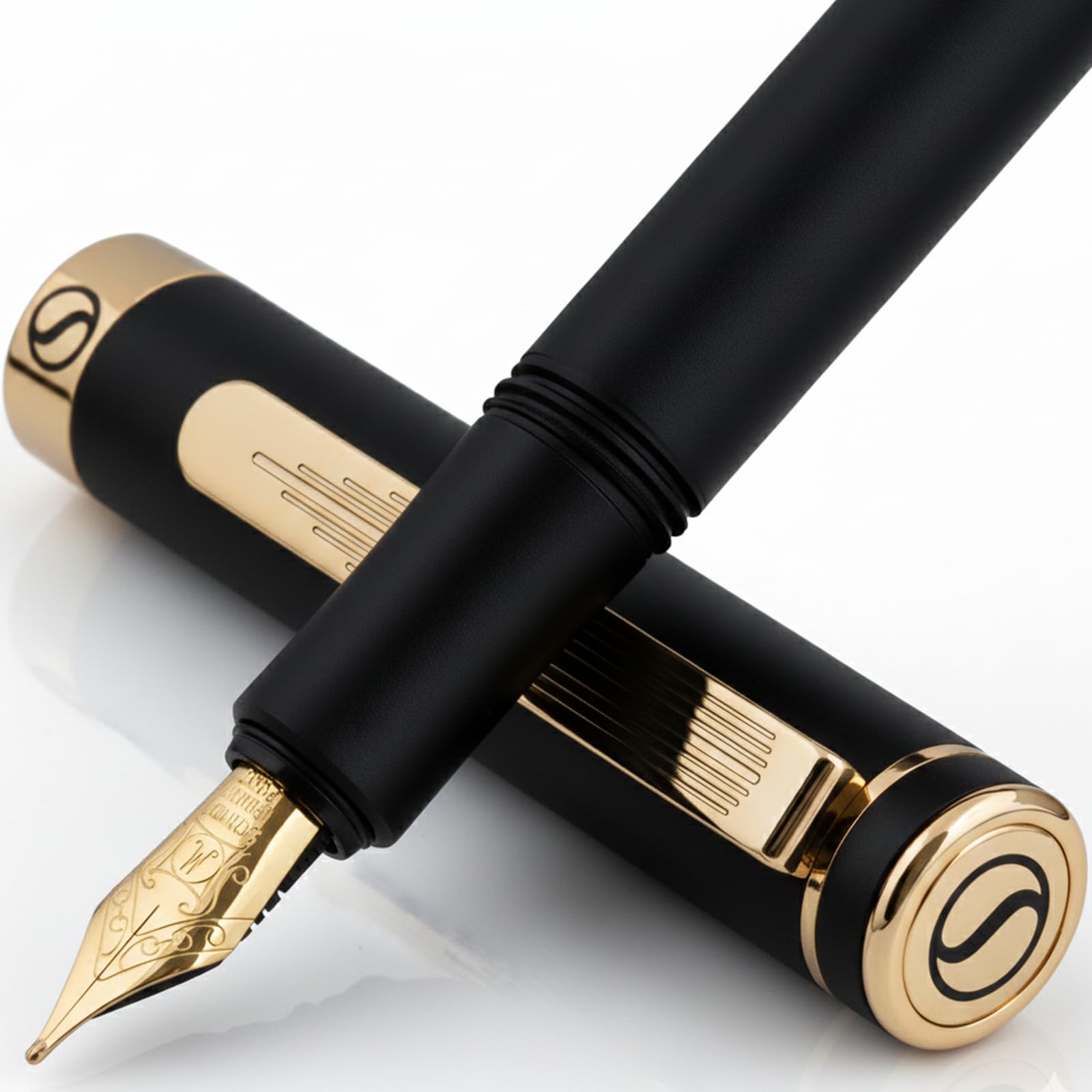 Scriveiner Luxury EDC Fountain Pen (Medium), Stunning Black Pocket Pen, Real Gold Plating, Schmidt Gilded Nib, Converter, Best Writing Pen Gift Set for Men & Women, Nice Fancy Office Designer Pen