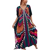 Lziizl Kaftan Dresses for Women Plus Size Bathing Suit Cover up Batwing Sleeve Caftan Maxi Beach Dress