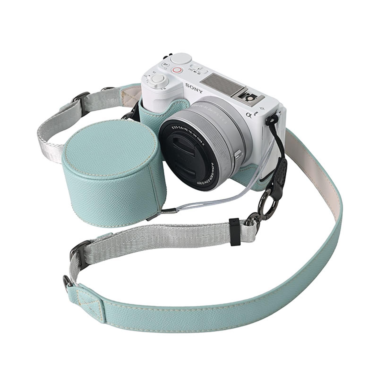 VOVMOEYA Protective Camera Case Kit for Sony ZV-E10 II Mirrorless Camera,for Sony ZVE10II Half Case ZV-E10II Camera Cover with 16-50MM Front Lens Cap with Shoulder Strap-Blue
