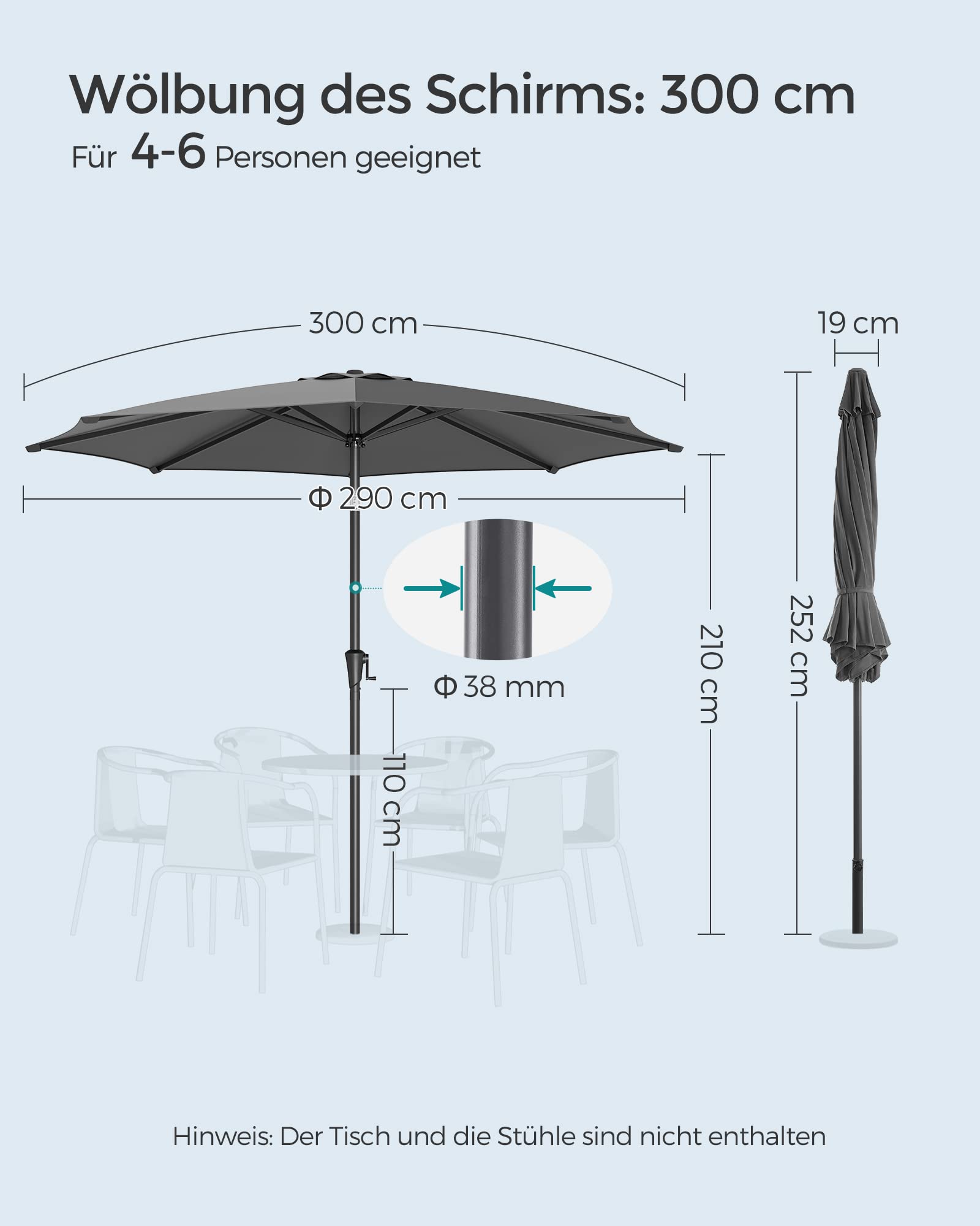 SONGMICS Gartenschirm Ø 300 cm, Marktschirm, UV-Schutz bis UPF 50+, Terrassenschirm klappbar mit Kurbel, ohne Ständer, Garten, Balkon, Terrasse, grau GPU30GYV1 7