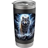 Gray Wolf on Hill by Moon and Universe Fantasy Art Wildlife Stainless Steel Insulated Tumbler