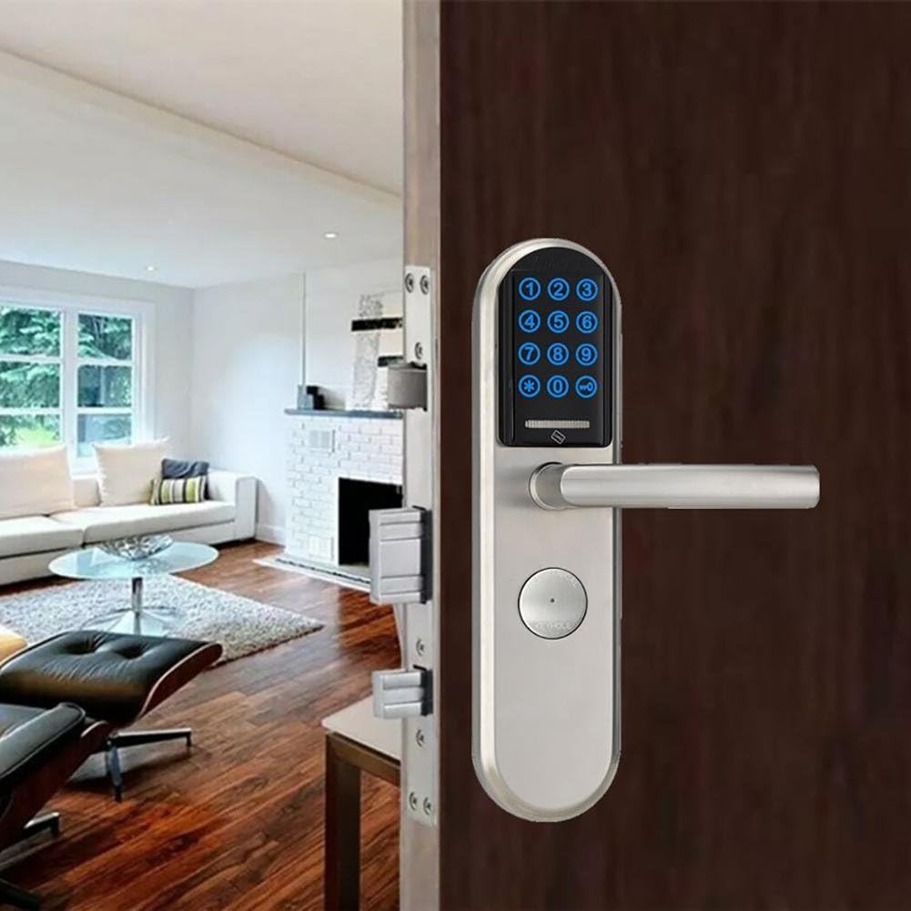 TDJDYQ Stainless steel Password/Mifare card/Mechanical key Unlock Keyless entry Intelligent Electronic Security door lock Used for Family/Hotel/Office, Silver