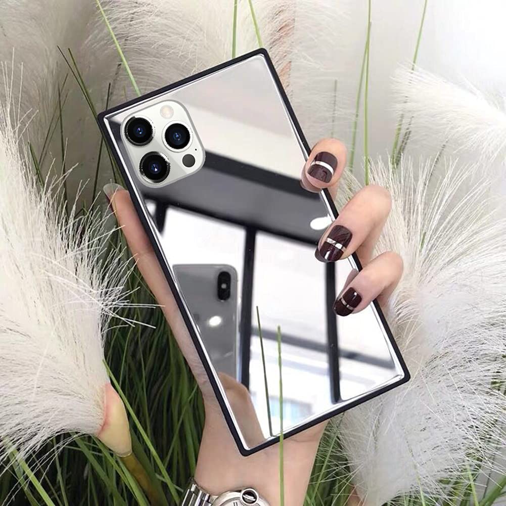 Photo 1 of LUVI for iPhone 13 Pro Max Mirror Case for Women Rectangle Makeup Cute Luxury Glossy Glass Mirror Back Design Cover with Silicone Bumper Slim Thin for iPhone 13 Pro Max 6.7 inch Silver