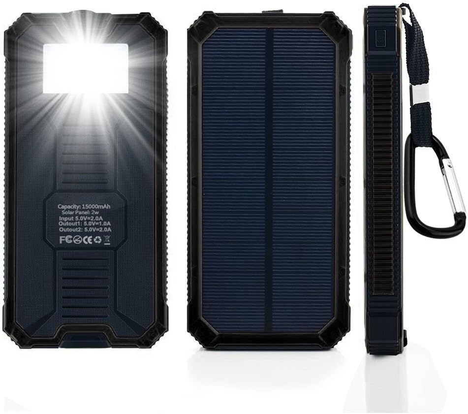 Solar Charger 15600mAh Solar Power Bank with LED Flashlight Dual USB Portpower Bank Charger Battery for iPhone, iPad, Cell Phone, Tablet,ect (black)