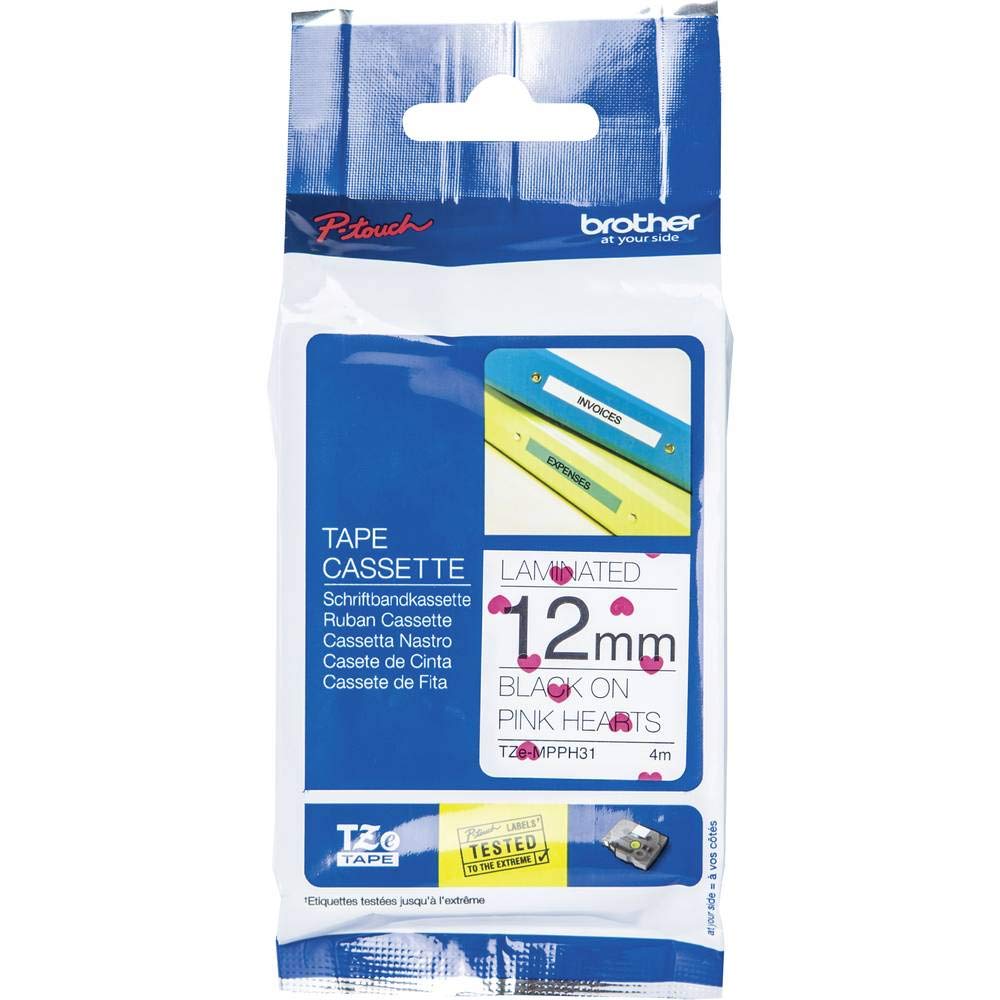 Brother TZe-MPPH31 Labelling Tape Cassette, Black on Pink Hearts, 12 mm (W) x 4 m (L), Laminated, Brother Genuine Supplies