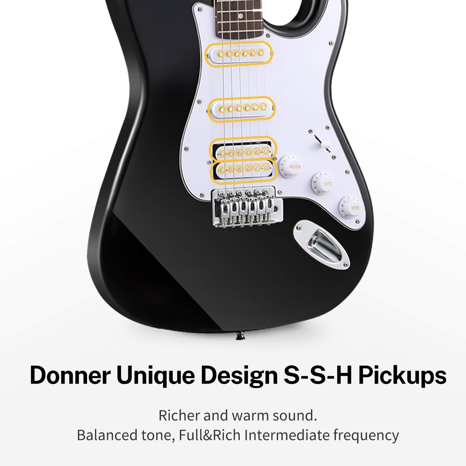 Donner 39 Inch Electric Guitar Beginner Kit Black Full-Size Starter Package HSS Pick Up with All Accessories Amp Online Lesson Bag Tuner Capo Strap String Amp Cable Picks DST-100B - Image 3