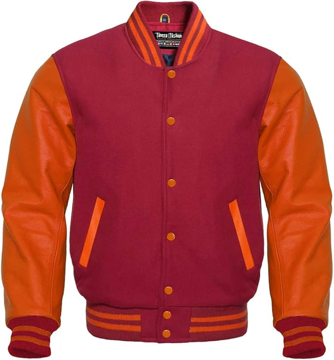 Varsity Maroon Wool and Genuine Orange Leather Sleeves Baseball Jacket