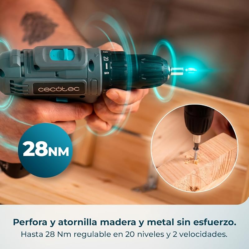 Taladro a Batería PowerForce 1000. 12V 2000mAh, 2 Velocidades 400/1400rpm, Par de Apriete 28Nm en 20 Niveles, Luz LED, Cambio de Broca sin Llave, Diseño Ergonómico, Incluye Puntas y Brocas