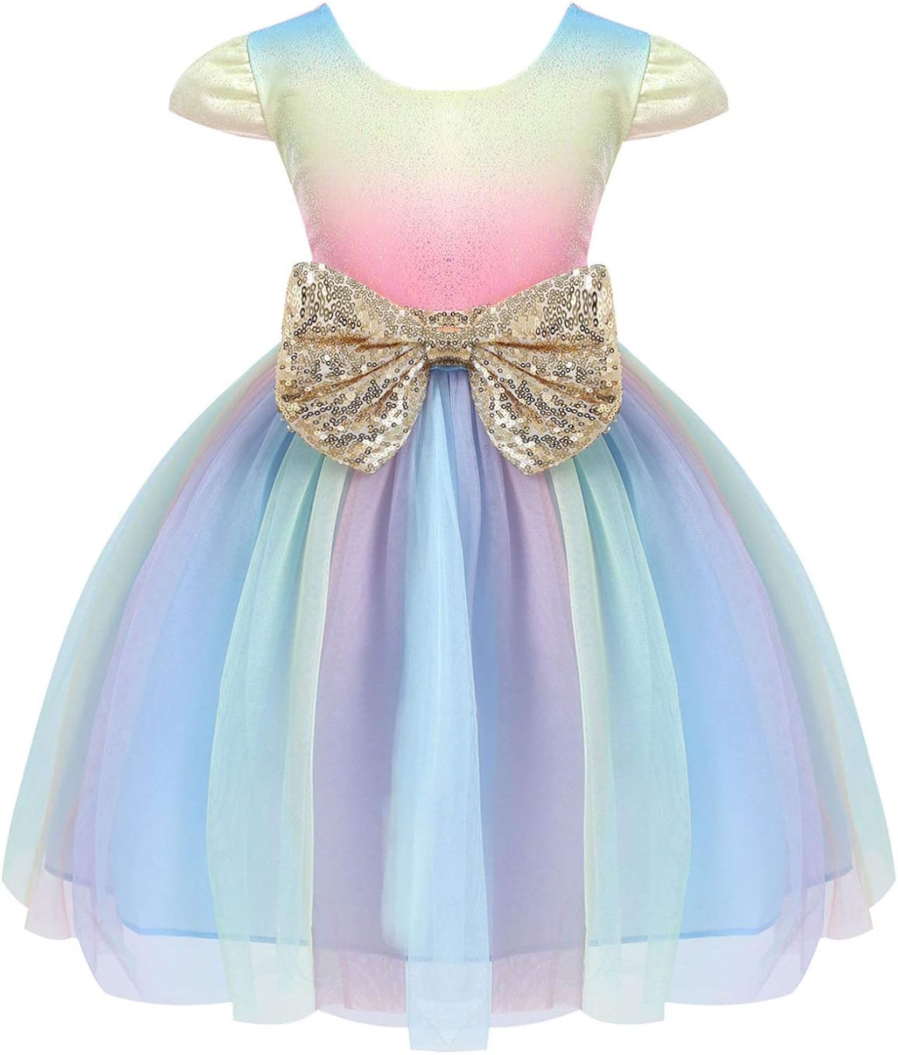 CHICTRY Kids Girls Puff Sleeve Rainbow Dress Sequined Bowknot Wedding