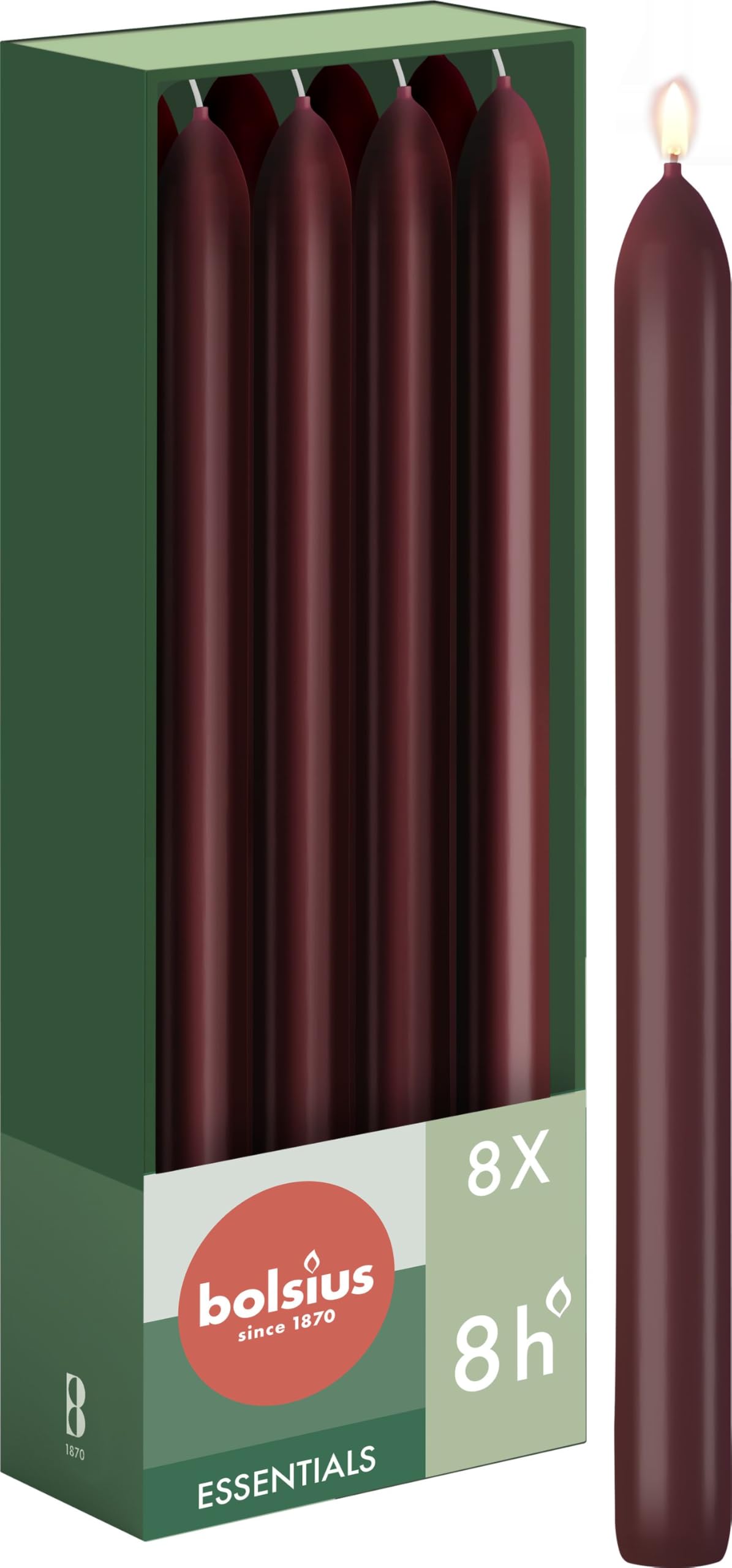 Bolsius Tapered Dinner Candles – Dark Red – 8-Pack – 9,06 inch – Long Burning Time of 8 Hours – Unscented – Includes Natural Vegan Wax – Without Palm Oil
