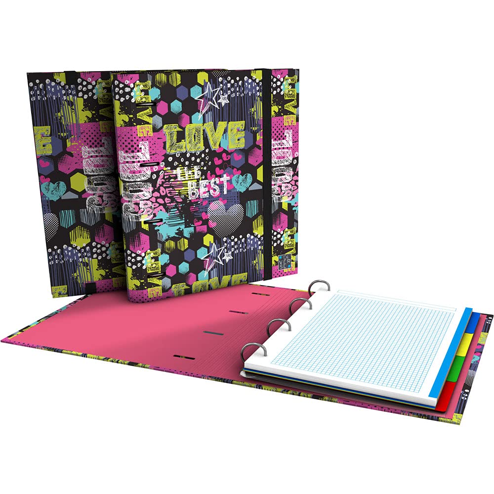Grafoplás 88102617 Die-Cut 4-Ring Binder, A4, Refill 100 Sheets 5x5, Dividers, Transparent Envelope, Curved Spine, Carpebook, Diverse Collection, Cool