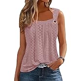 Summer Tank Tops for Women Pleated Square Neck O Ring Shoulder Sleeveless Shirts Casual Loose Fit Trendy Blouses