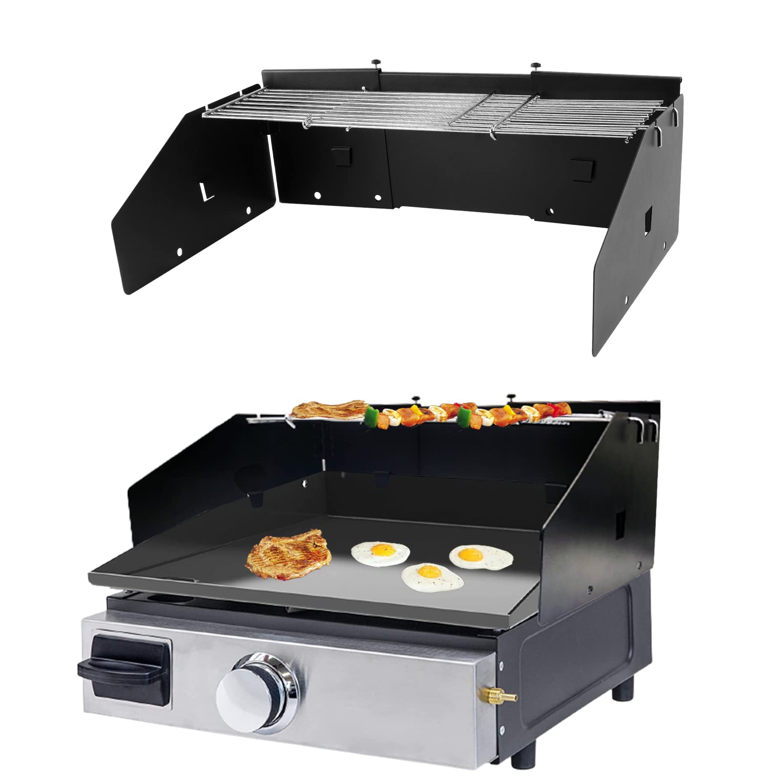 Photo 1 of Petrirufun Universal Wind Guard and Griddle Warming Rack Set for Griddles From 16" to 28" without Hood, Wind Screen and Cooking Grid Grill Parts for Blackstone 17" & Other Griddles With Front Grease