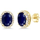 Gem Stone King 9X7MM Oval Gemstone Birthstone Halo Earrings For Women | 18K Yellow Gold Plated Silver | Fine Jewelry Gifts for Her Mom Women Wife