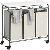 3 Bags Laundry Basket Sorter, Beige 135L Laundry Hamper, Ironing Board | Laundry Room Organization, Heavy Duty Rolling Lockable Wheels and Removable Bag, Bedroom Laundry Cart for Clothes Storage