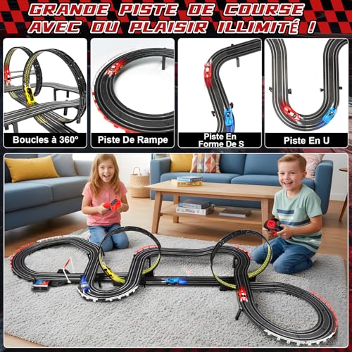 JONRRYIN Circuit Voiture Enfant, 1:64 Circuit Voiture Electrique, Extra-Long Piste De Course - 4 LED Voitures, USB, Télécommande, Comptoir, 360° Boucle, Jouets Cadeaux pour Enfant 6-12 Ans (737CM)