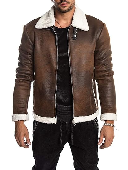 Gemijacka Herren Lederjacke mit Fell Kunstleder Winterjacke Jacket Gefüttert Retro-Lederjacke