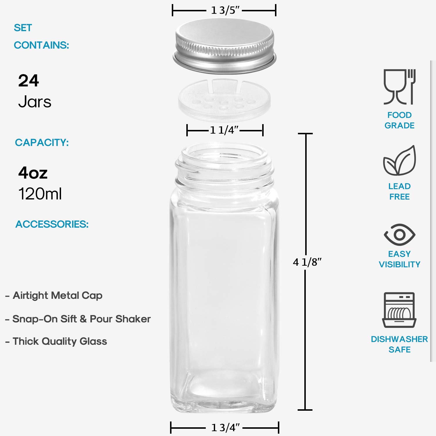 Aozita 4 oz Glass Spice Jars Bottles Empty Square Spice Containers with 810 Spice Labels, Shaker Lids, Airtight Metal Caps with Silicone Collapsible Funnels