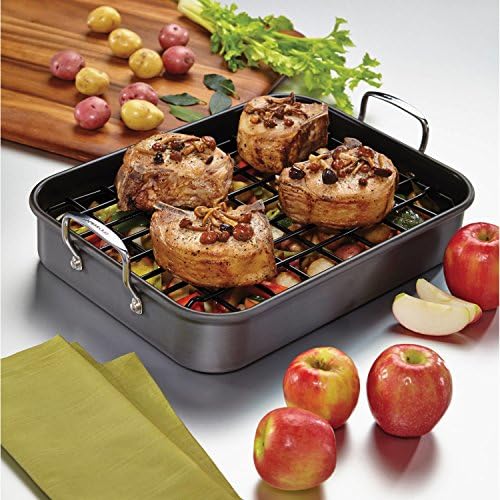 Hard Anodized Aluminum Durable Construction Nonstick Grey Roaster with Dual-Height Rack