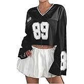 GORGLITTER Women's Number Graphic Jersey Crop Top Shirts Y2K 90s Bell Long Sleeve V Neck Graphic Tee