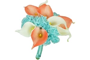 Lily Garden® Real Touch Calla Lily Coral and White and Carnation Turquoise Flowers Wedding Bouquet (Bridesmaid Bouquet)