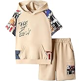 Ltvoo Boys 2 Piece Summer Active Outfits Short Sleeve Hoodie Pullover Sweatshirt and Jogger Short Sets for 7-14Y