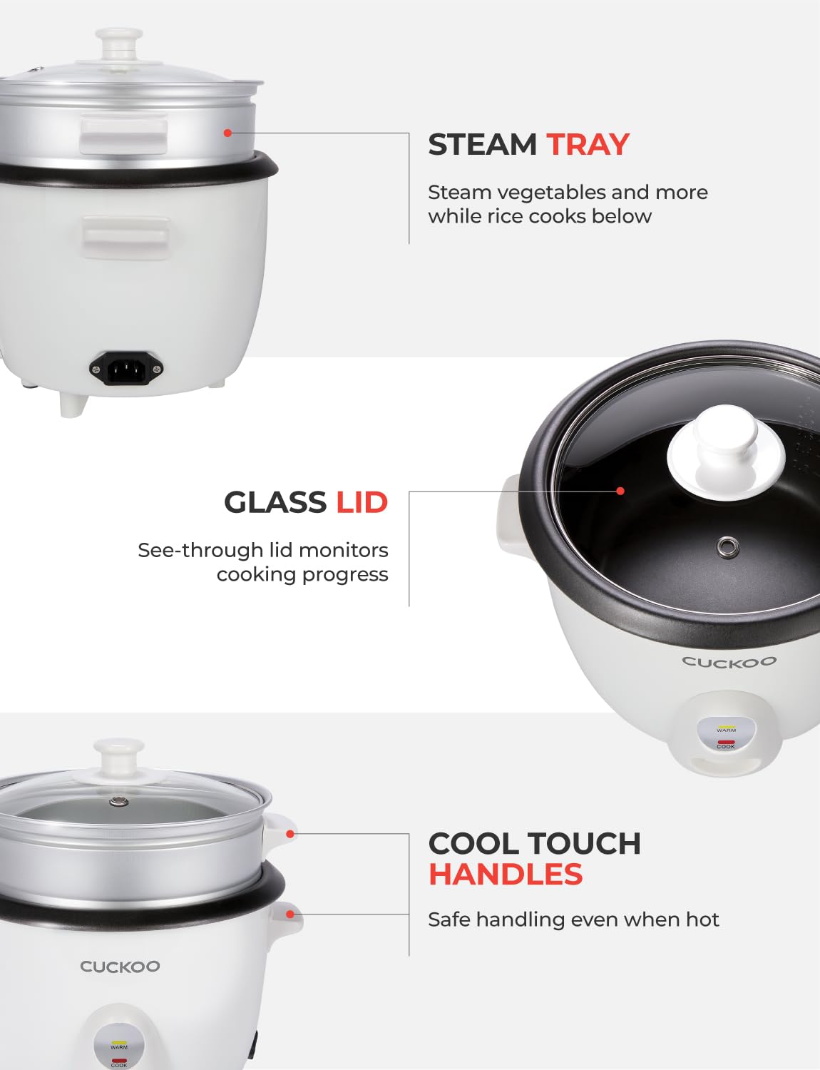CUCKOO One Touch Rice Cooker 12-Cup Cooked, Small Rice Cooker & Warmer with Steamer Tray, Versatile Grain Cooker, Soup Maker, Auto Keep Warm, 6-Cup Uncooked, White (CR-0601C)