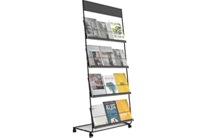 TONGMO Magazine Rack: Floor-Standing 4-Layer with Wheels, Brochure Display Stand, High-hardness metal for Exhibitions, Office, and Any Organization Requiring Information Display(Black)