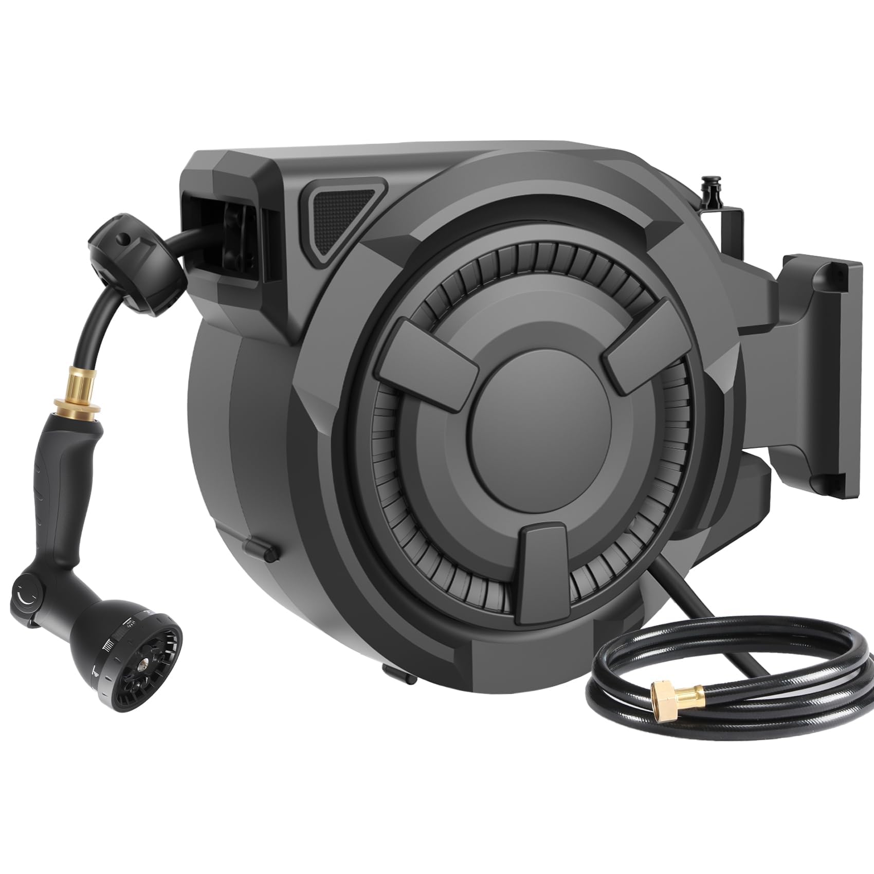 wikiwiki Retractable Garden Hose Reel 1/2 in x 130 ft, Heavy Duty Wall Mounted Hose Reel with 10- Function Sprayer Nozzle, Automatic Slow Return System/180°Swivel Bracket/UV Resistant (Black) Image
